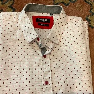 Men’s Yves Enzo Paris short sleeved button down shirt size XL, white with red